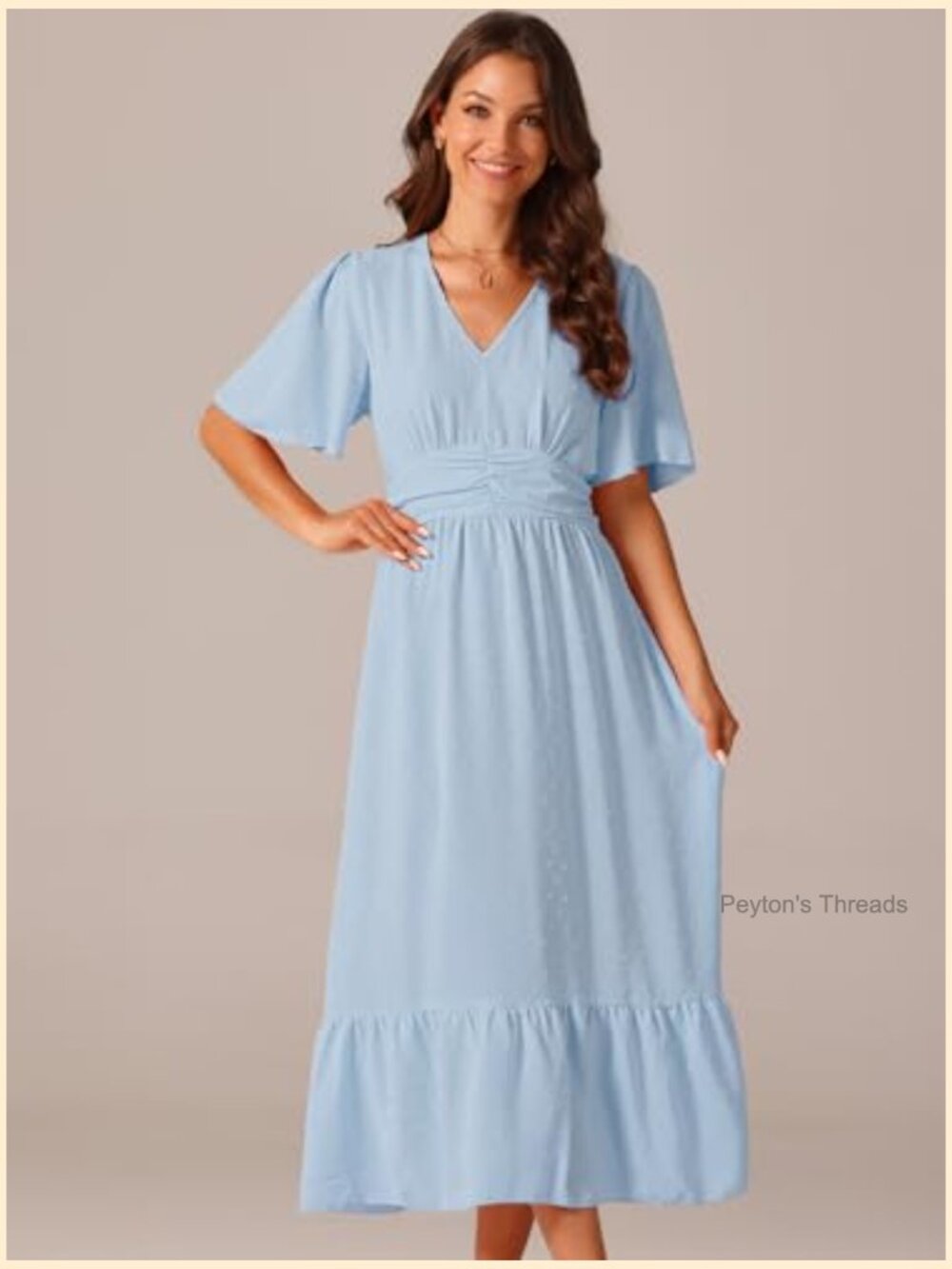 Swiss Dots Boho Ruffle Short Sleeve V Neck Tiered Midi Dress High Waist Beach - Picture 3 of 5